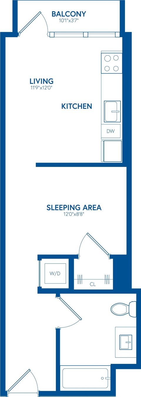 Floor plan for studio, 1 bath, 493 sqft